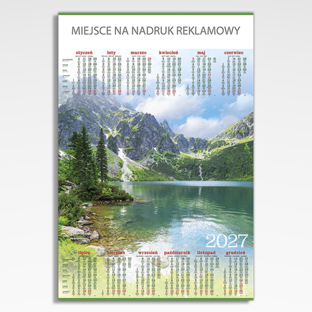 Kalendarz planszowy Morskie Oko, widok kalendarza plakatowego B1 z górskim pejzażem