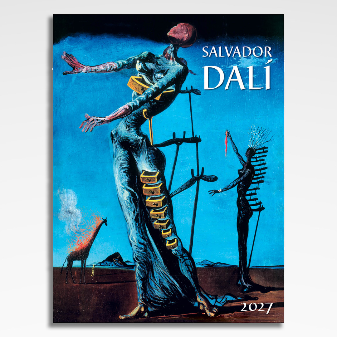 kalendarz wieloplanszowy salvador dali, okładka kalendarza z grafiką tematyczną i spiralą Wire-O