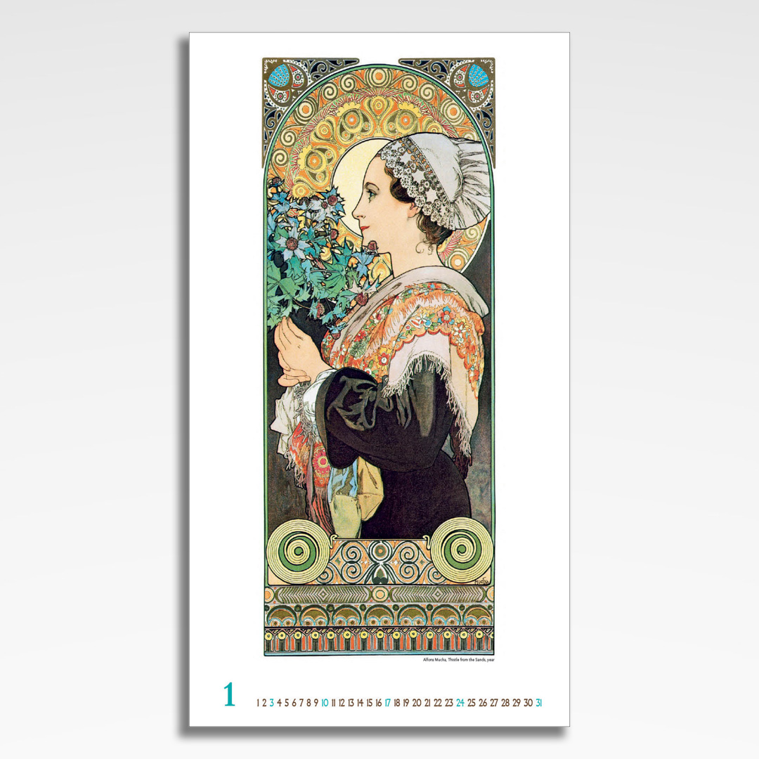Kalendarz wieloplanszowy Alfons Mucha (20szt.) - 4 kalendarz wieloplanszowy alfons mucha, plansza styczeń z grafiką tematyczną