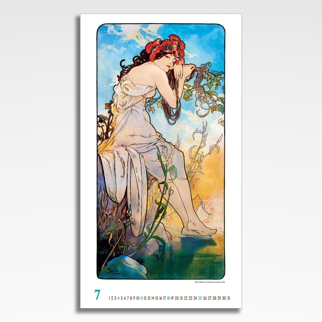 Kalendarz wieloplanszowy Alfons Mucha (20szt.) - 10 kalendarz wieloplanszowy alfons mucha, plansza lipiec z grafiką tematyczną