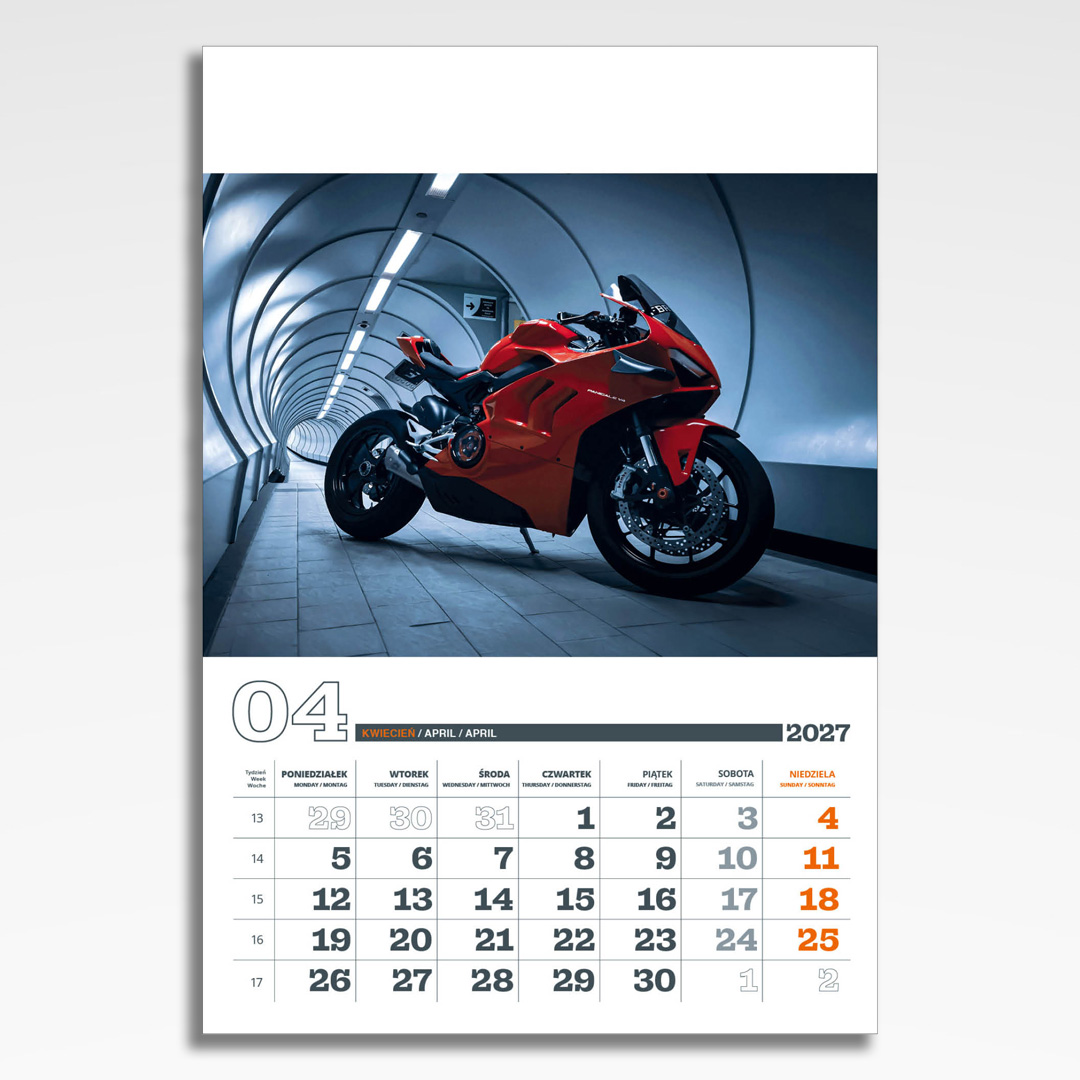 Kalendarz wieloplanszowy Świat Motocykli (20szt.) - 7 kalendarz wieloplanszowy świat motocykli, plansza kwiecień z grafiką tematyczną
