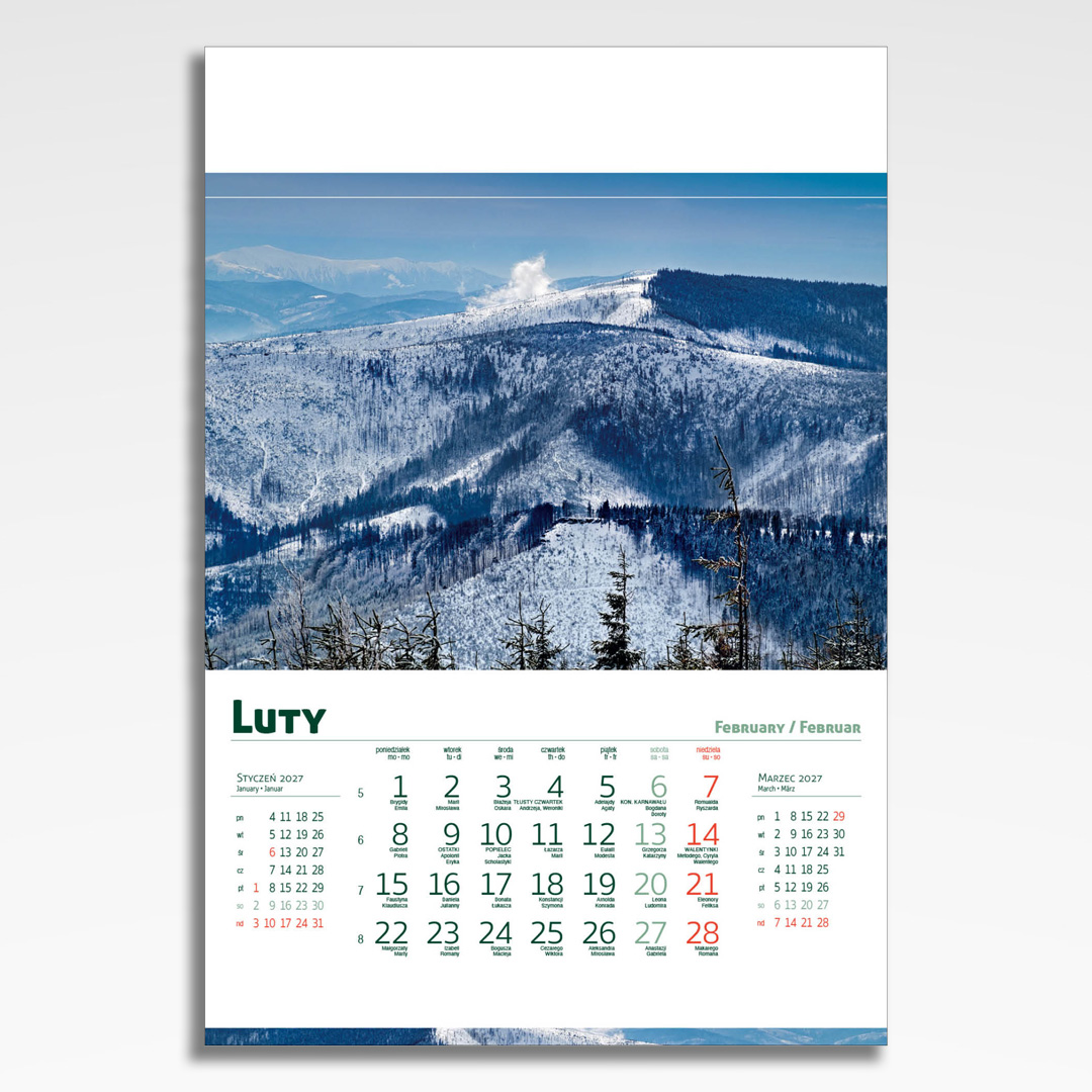 Kalendarz wieloplanszowy Beskidy (20szt.) - 5 kalendarz wieloplanszowy beskidy, plansza luty z grafiką tematyczną
