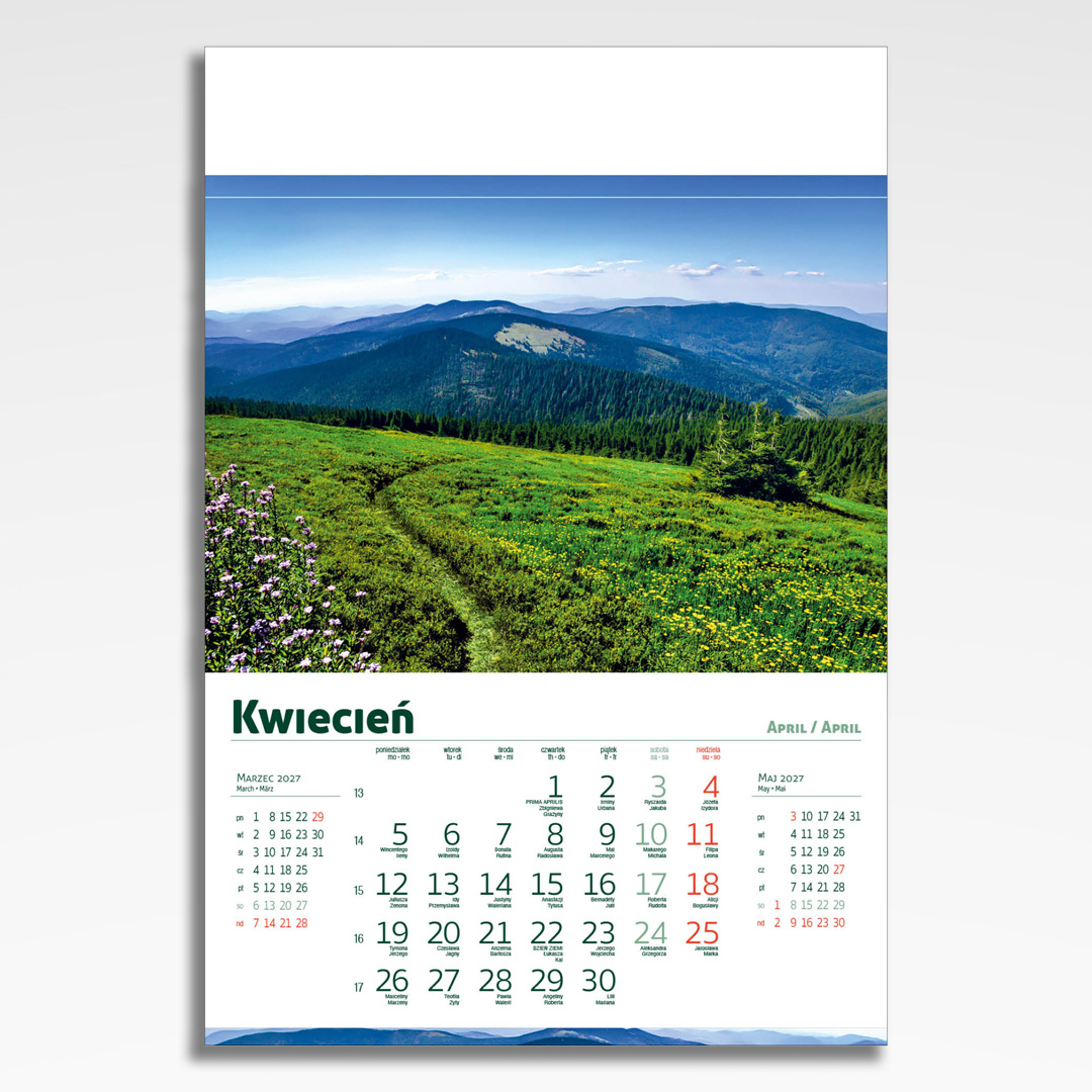 Kalendarz wieloplanszowy Beskidy (20szt.) - 7 kalendarz wieloplanszowy beskidy, plansza kwiecień z grafiką tematyczną