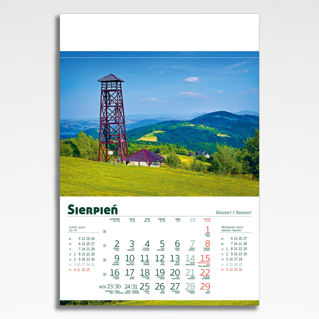Kalendarz wieloplanszowy Beskidy (20szt.) - 11 kalendarz wieloplanszowy beskidy, plansza sierpień z grafiką tematyczną