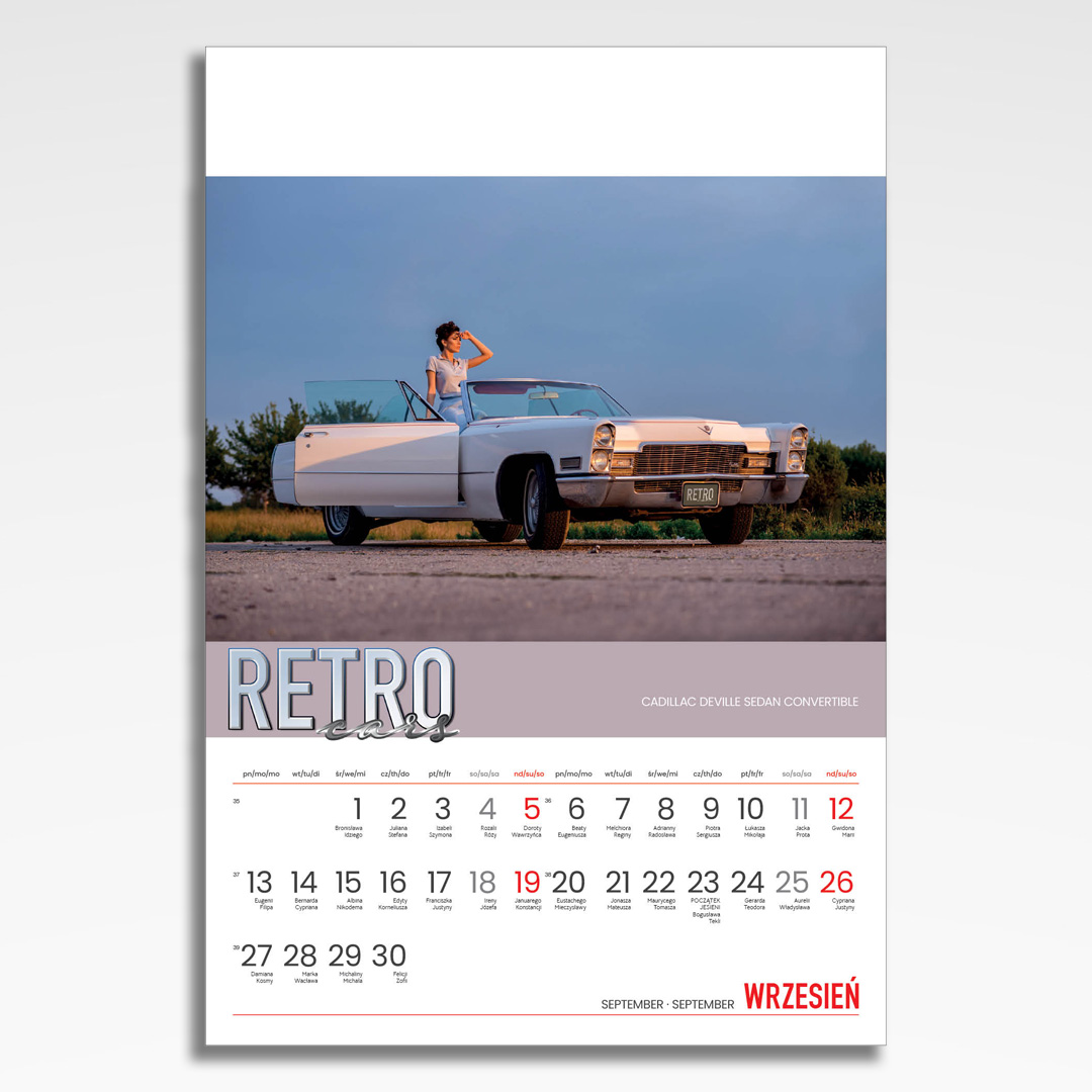 Kalendarz wieloplanszowy Retro Cars (20szt.) - 12 kalendarz wieloplanszowy retro cars, plansza wrzesień z grafiką tematyczną