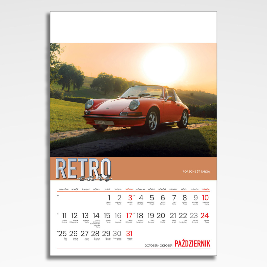 Kalendarz wieloplanszowy Retro Cars (20szt.) - 13 kalendarz wieloplanszowy retro cars, plansza październik z grafiką tematyczną