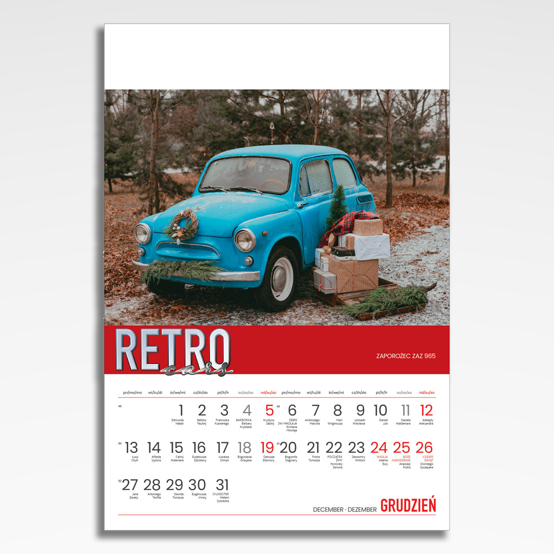Kalendarz wieloplanszowy Retro Cars (20szt.) - 15 kalendarz wieloplanszowy retro cars, plansza grudzień z grafiką tematyczną