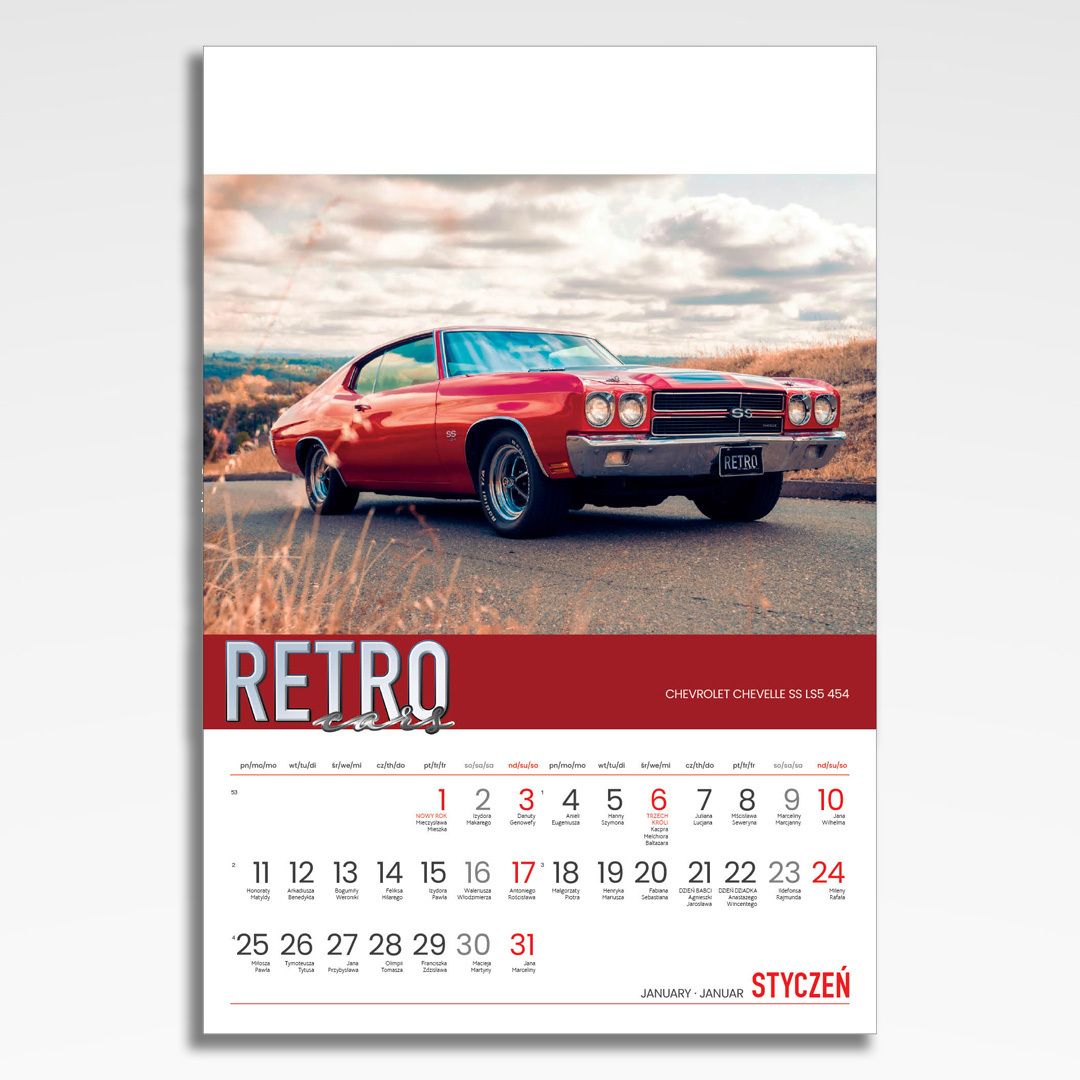 Kalendarz wieloplanszowy Retro Cars (20szt.) - 4 kalendarz wieloplanszowy retro cars, plansza styczeń z grafiką tematyczną