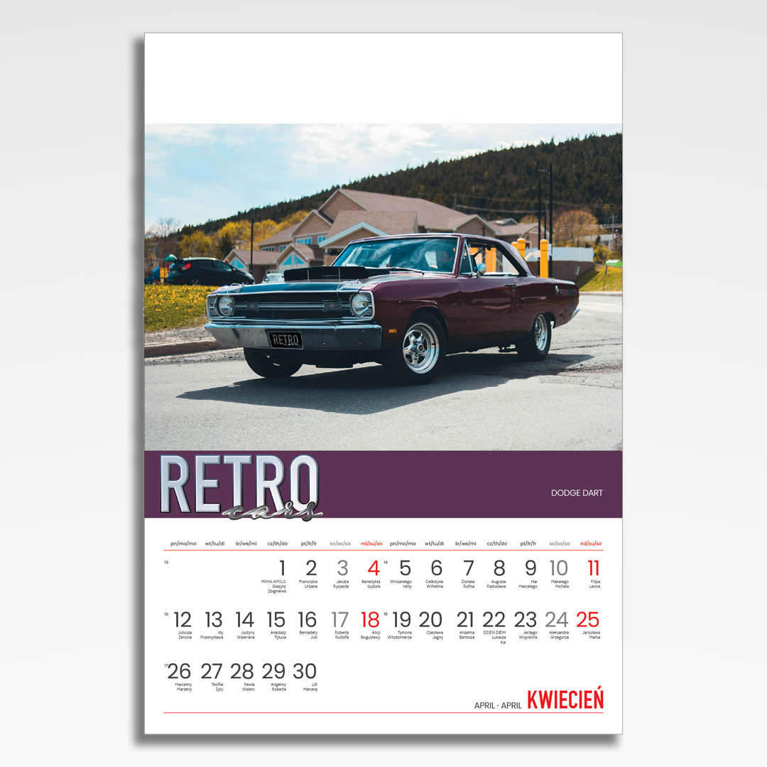 Kalendarz wieloplanszowy Retro Cars (20szt.) - 7 kalendarz wieloplanszowy retro cars, plansza kwiecień z grafiką tematyczną