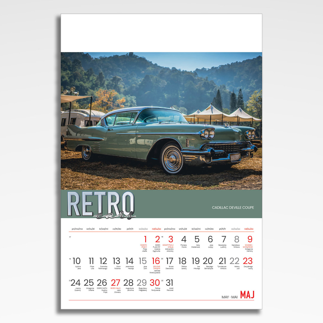 Kalendarz wieloplanszowy Retro Cars (20szt.) - 8 kalendarz wieloplanszowy retro cars, plansza maj z grafiką tematyczną