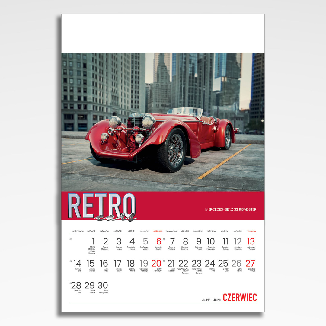 Kalendarz wieloplanszowy Retro Cars (20szt.) - 9 kalendarz wieloplanszowy retro cars, plansza czerwiec z grafiką tematyczną