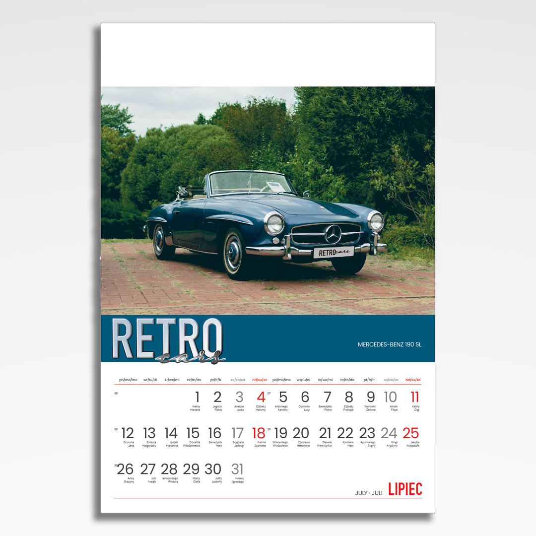 Kalendarz wieloplanszowy Retro Cars (20szt.) - 10 kalendarz wieloplanszowy retro cars, plansza lipiec z grafiką tematyczną