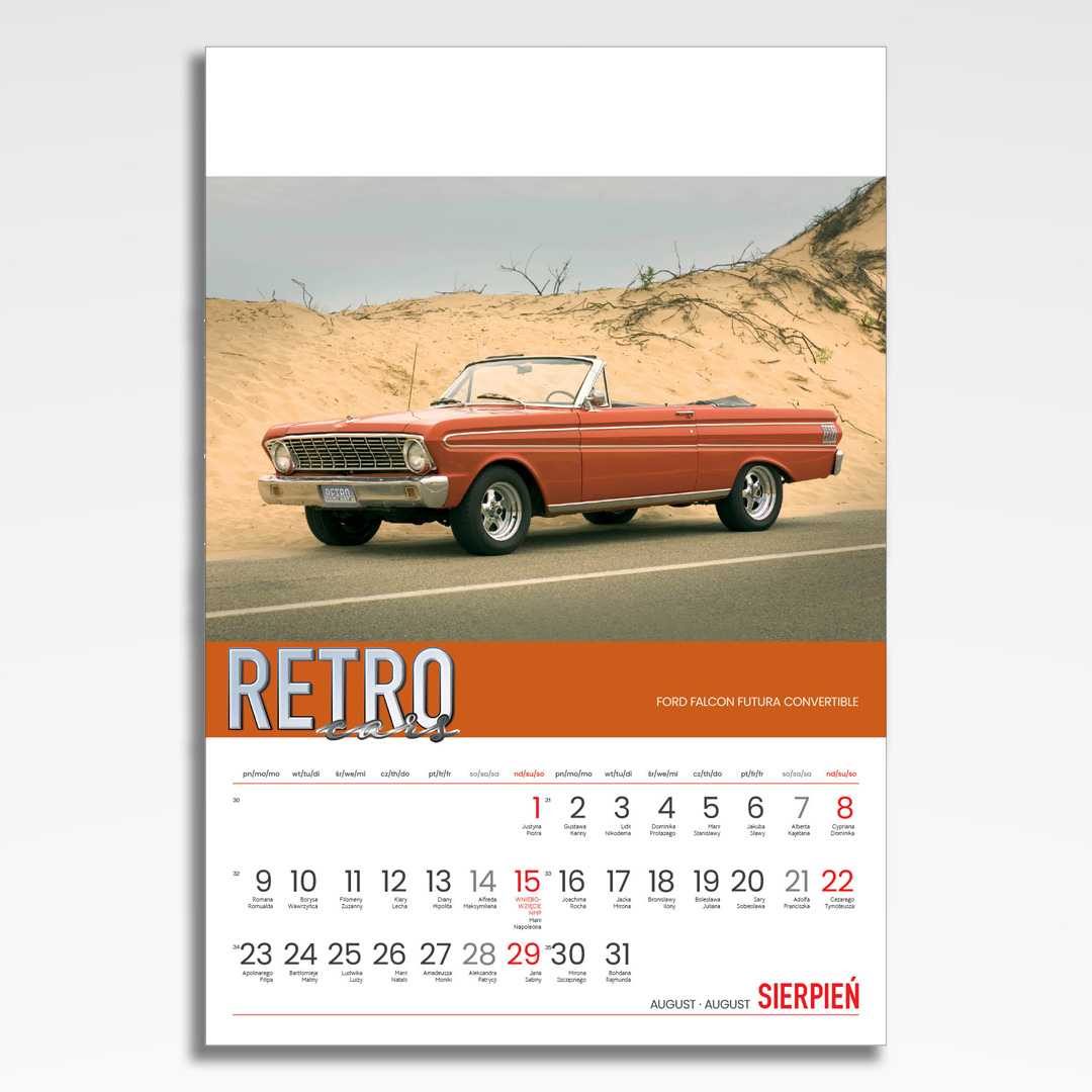 Kalendarz wieloplanszowy Retro Cars (20szt.) - 11 kalendarz wieloplanszowy retro cars, plansza sierpień z grafiką tematyczną