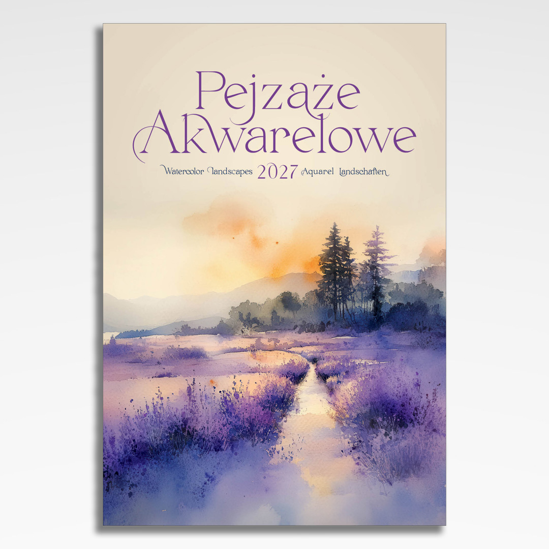 kalendarz wieloplanszowy pejzaze akwarelowe, okładka kalendarza z grafiką tematyczną i spiralą Wire-O