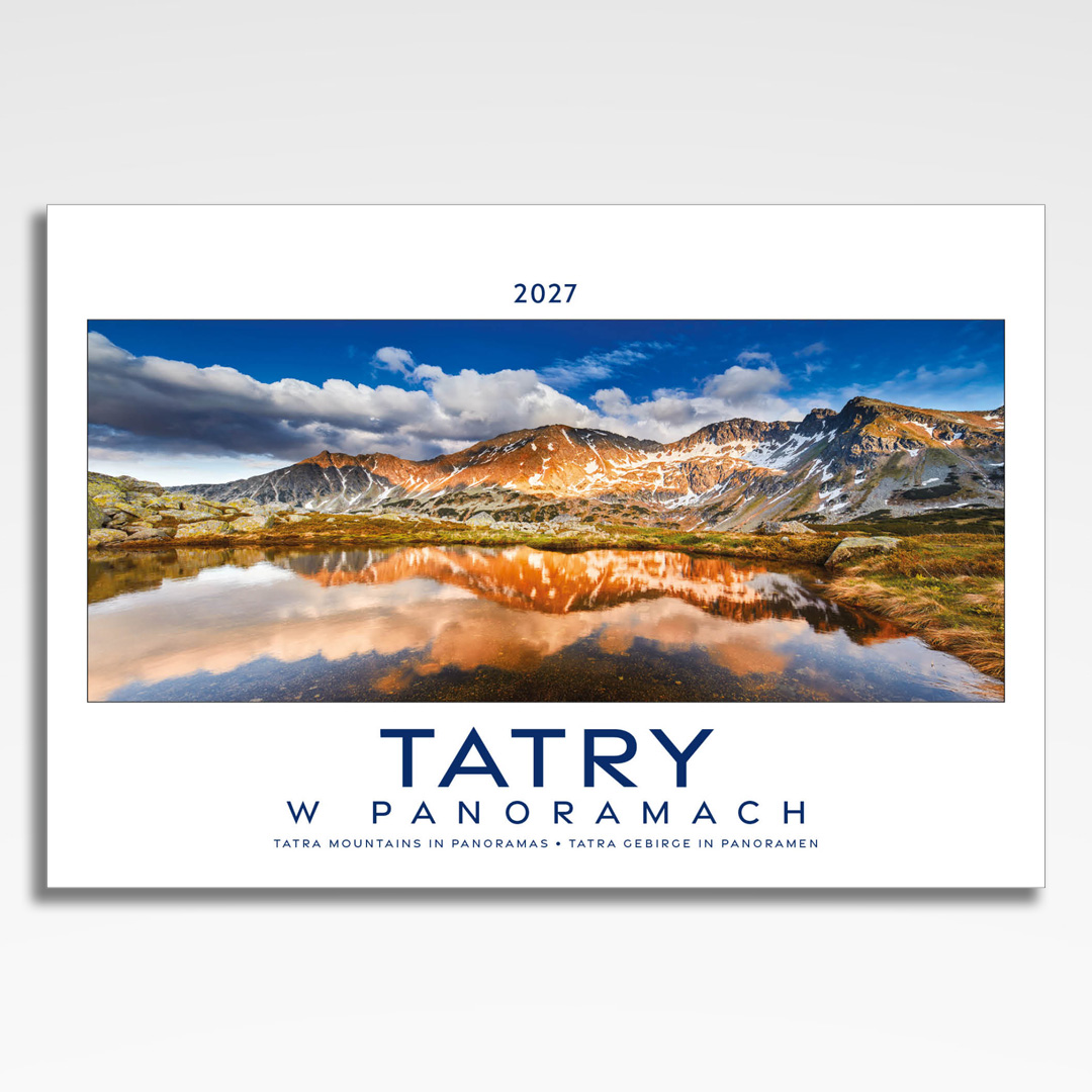 kalendarz wieloplanszowy tatry w panoramach, okładka kalendarza z grafiką tematyczną i spiralą Wire-O
