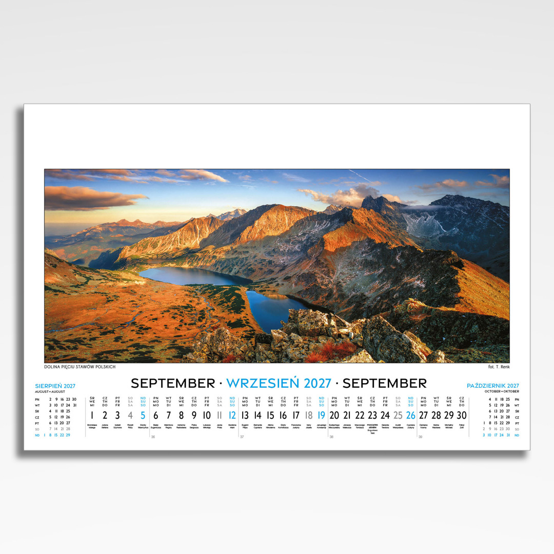 Kalendarz wieloplanszowy Tatry w Panoramach (20szt.) - 12 kalendarz wieloplanszowy tatry w panoramach, plansza wrzesień z grafiką tematyczną