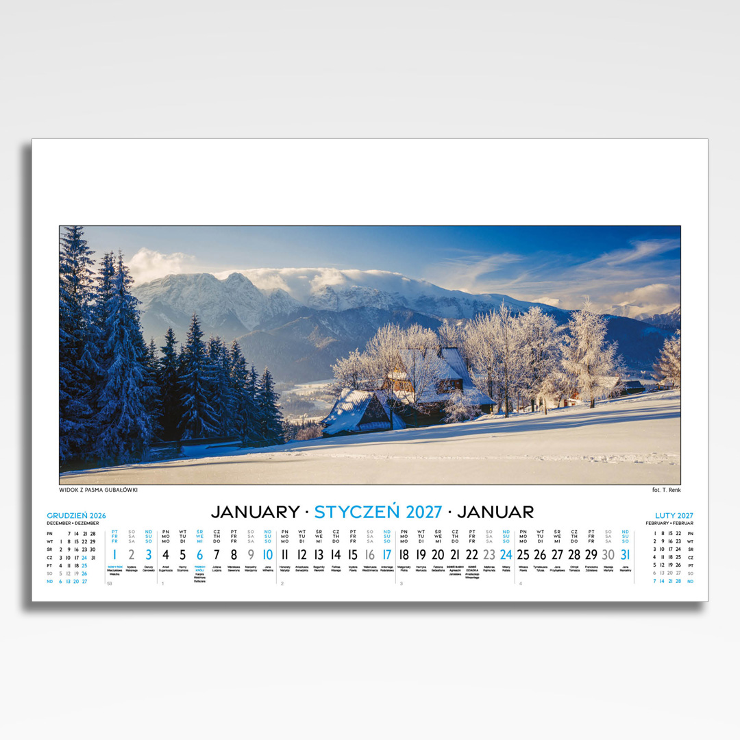 Kalendarz wieloplanszowy Tatry w Panoramach (20szt.) - 4 kalendarz wieloplanszowy tatry w panoramach, plansza styczeń z grafiką tematyczną