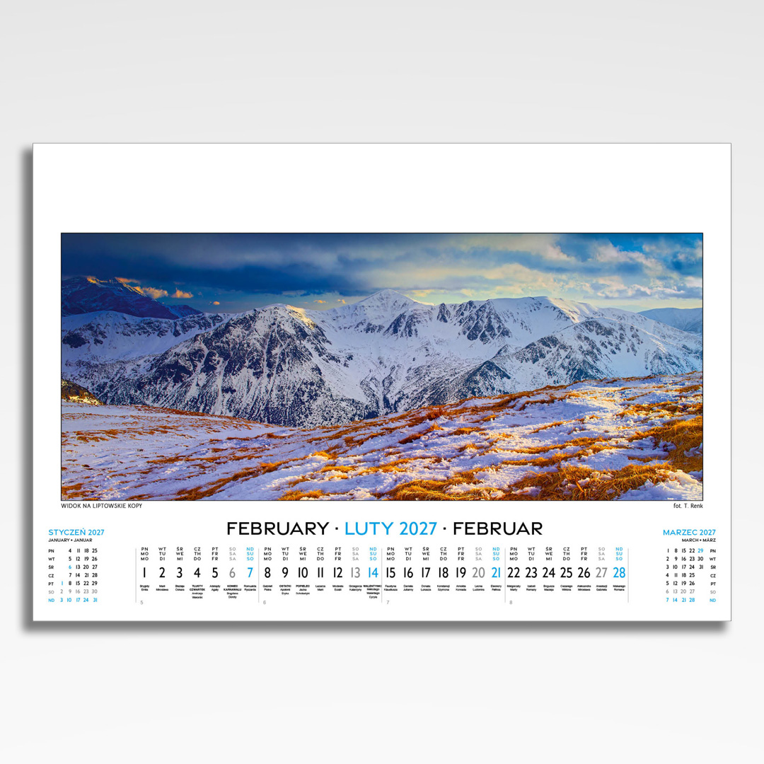 Kalendarz wieloplanszowy Tatry w Panoramach (20szt.) - 5 kalendarz wieloplanszowy tatry w panoramach, plansza luty z grafiką tematyczną