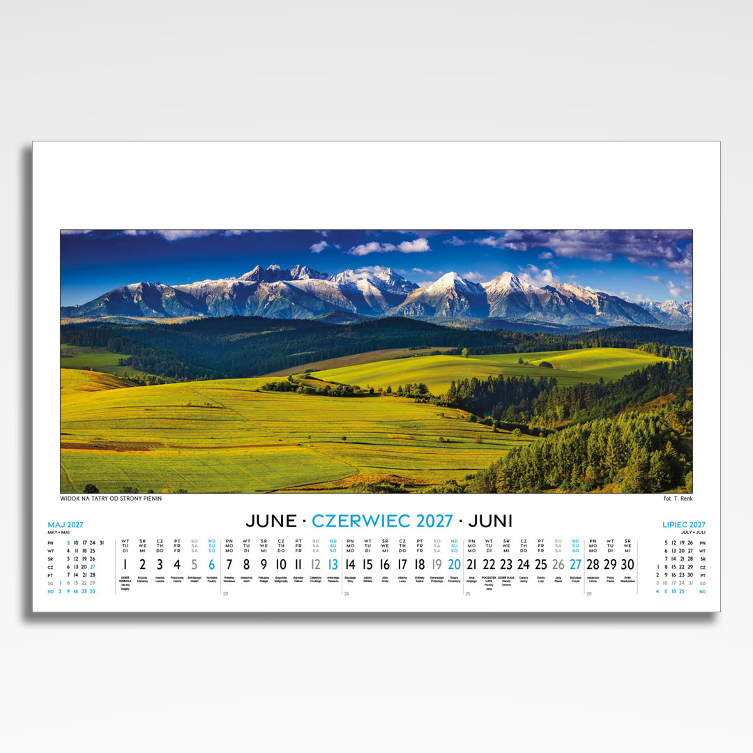 Kalendarz wieloplanszowy Tatry w Panoramach (20szt.) - 9 kalendarz wieloplanszowy tatry w panoramach, plansza czerwiec z grafiką tematyczną