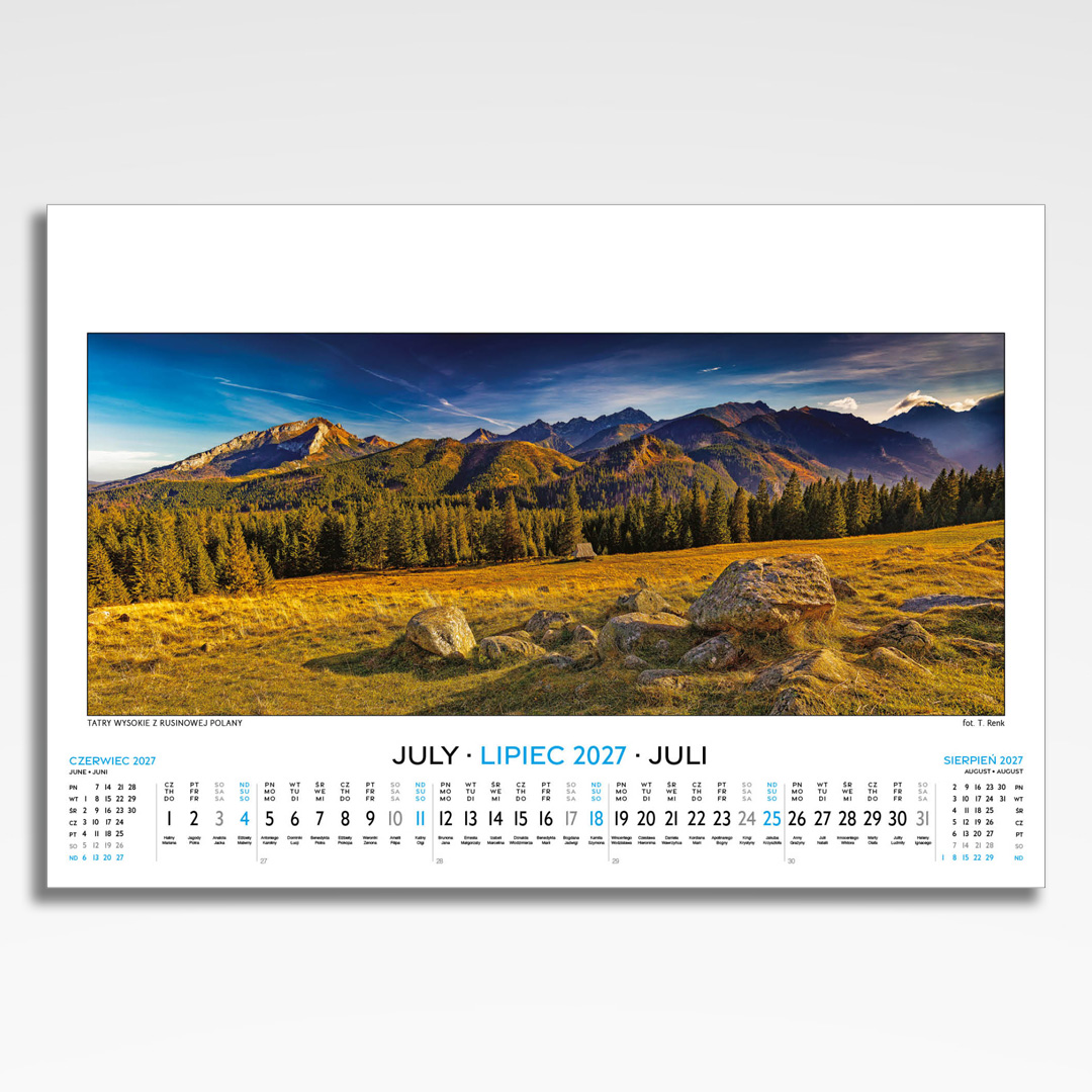 Kalendarz wieloplanszowy Tatry w Panoramach (20szt.) - 10 kalendarz wieloplanszowy tatry w panoramach, plansza lipiec z grafiką tematyczną