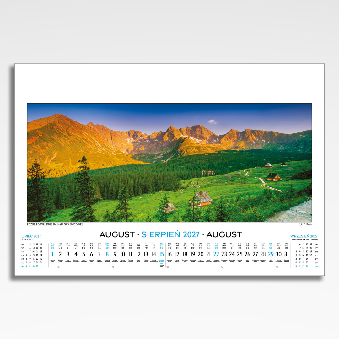 Kalendarz wieloplanszowy Tatry w Panoramach (20szt.) - 11 kalendarz wieloplanszowy tatry w panoramach, plansza sierpień z grafiką tematyczną