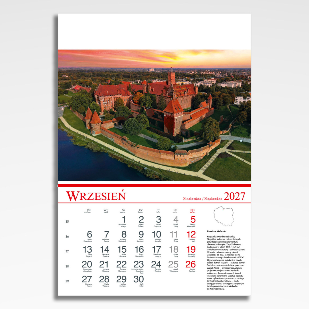 Kalendarz wieloplanszowy Polskie Zamki i Pałace (20szt.) - 12 kalendarz wieloplanszowy polskie zamki i palace, plansza wrzesień z grafiką tematyczną
