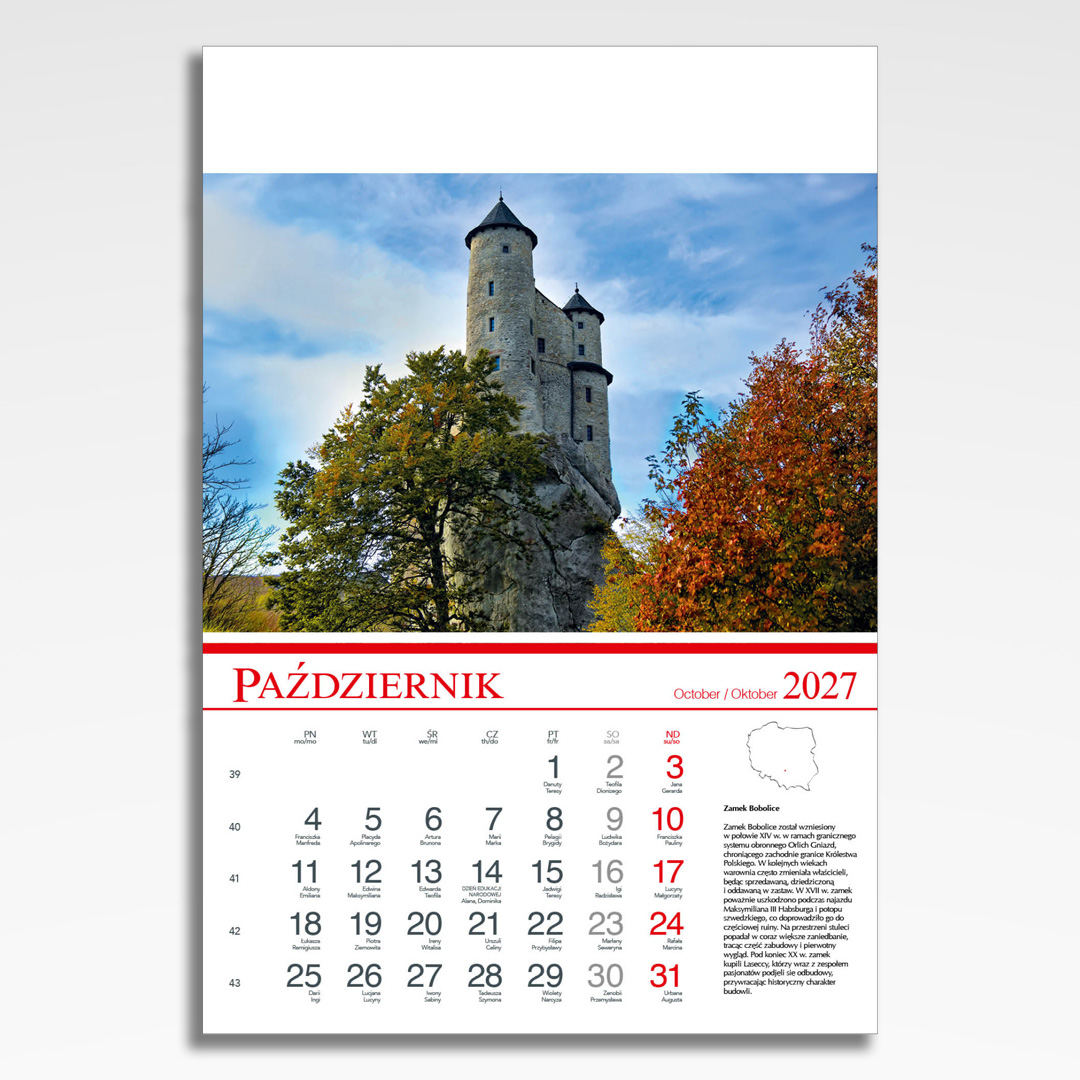 Kalendarz wieloplanszowy Polskie Zamki i Pałace (20szt.) - 13 kalendarz wieloplanszowy polskie zamki i palace, plansza październik z grafiką tematyczną