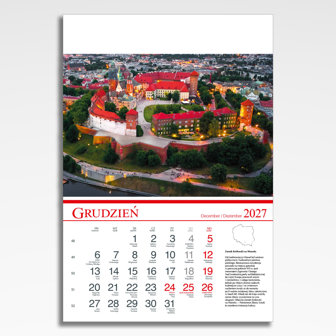 Kalendarz wieloplanszowy Polskie Zamki i Pałace (20szt.) - 15 kalendarz wieloplanszowy polskie zamki i palace, plansza grudzień z grafiką tematyczną