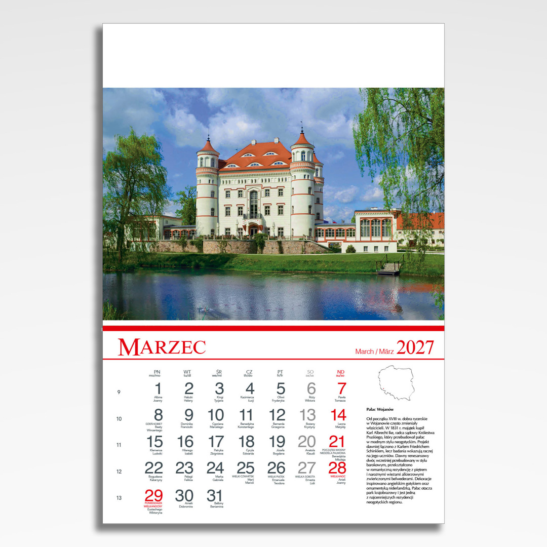 Kalendarz wieloplanszowy Polskie Zamki i Pałace (20szt.) - 6 kalendarz wieloplanszowy polskie zamki i palace, plansza marzec z grafiką tematyczną