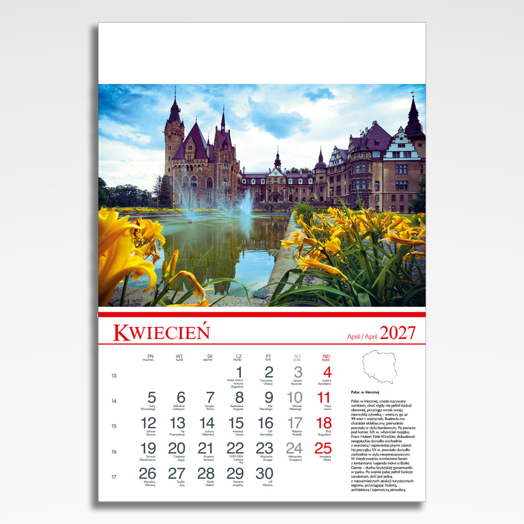 Kalendarz wieloplanszowy Polskie Zamki i Pałace (20szt.) - 7 kalendarz wieloplanszowy polskie zamki i palace, plansza kwiecień z grafiką tematyczną