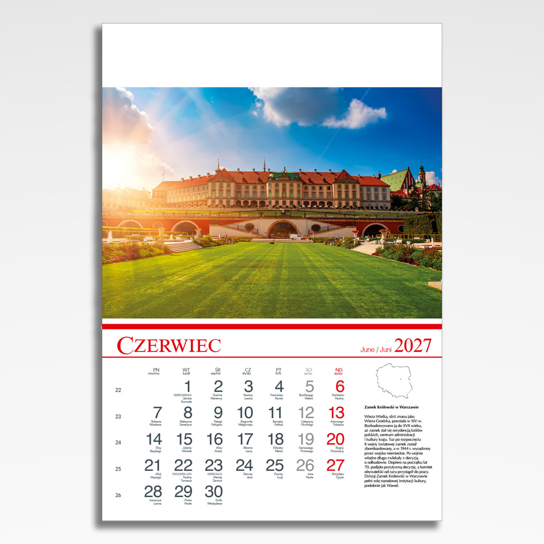 Kalendarz wieloplanszowy Polskie Zamki i Pałace (20szt.) - 9 kalendarz wieloplanszowy polskie zamki i palace, plansza czerwiec z grafiką tematyczną