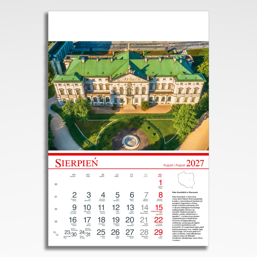 Kalendarz wieloplanszowy Polskie Zamki i Pałace (20szt.) - 11 kalendarz wieloplanszowy polskie zamki i palace, plansza sierpień z grafiką tematyczną