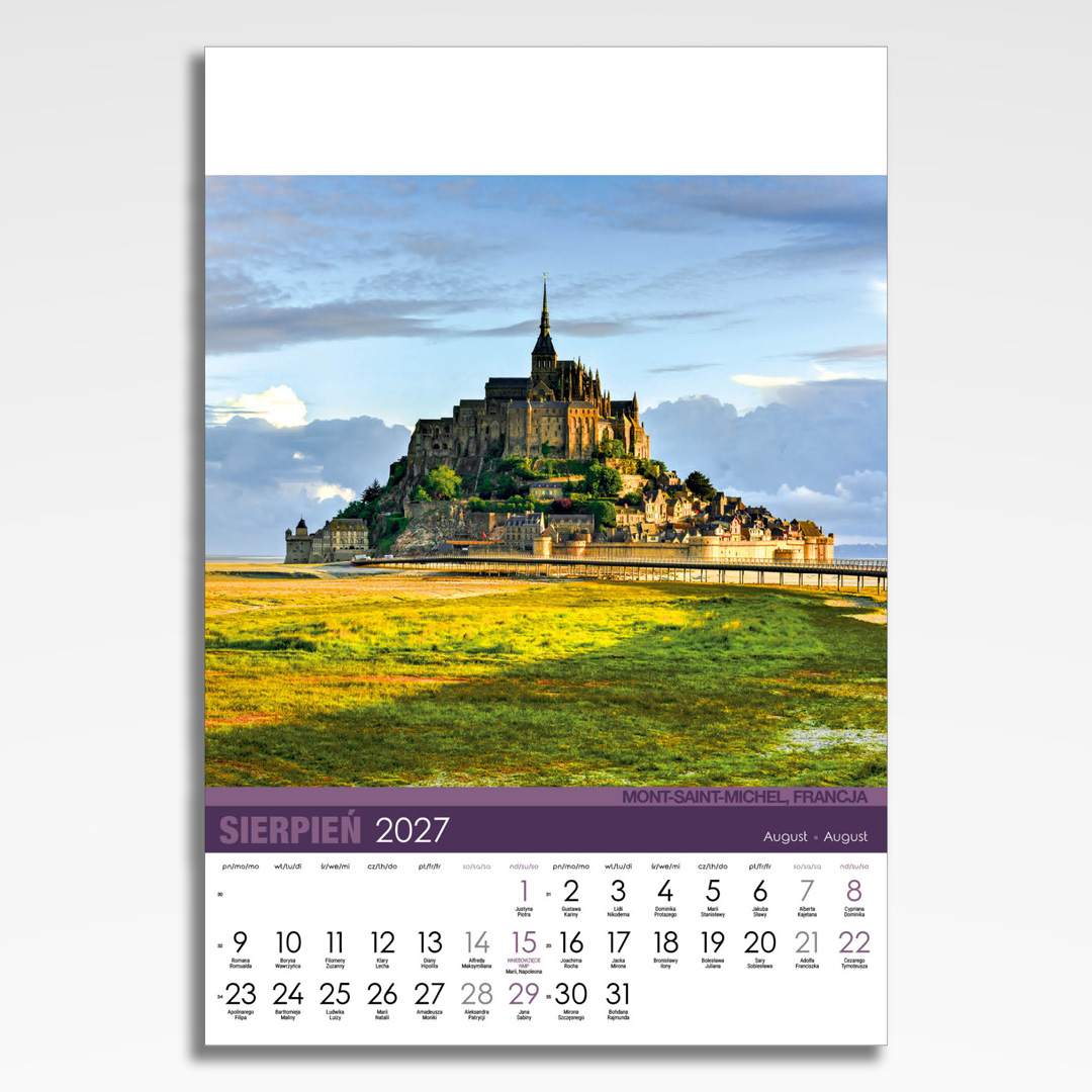 Kalendarz wieloplanszowy Europa (20szt.) - 11 kalendarz wieloplanszowy europa, plansza sierpień z grafiką tematyczną