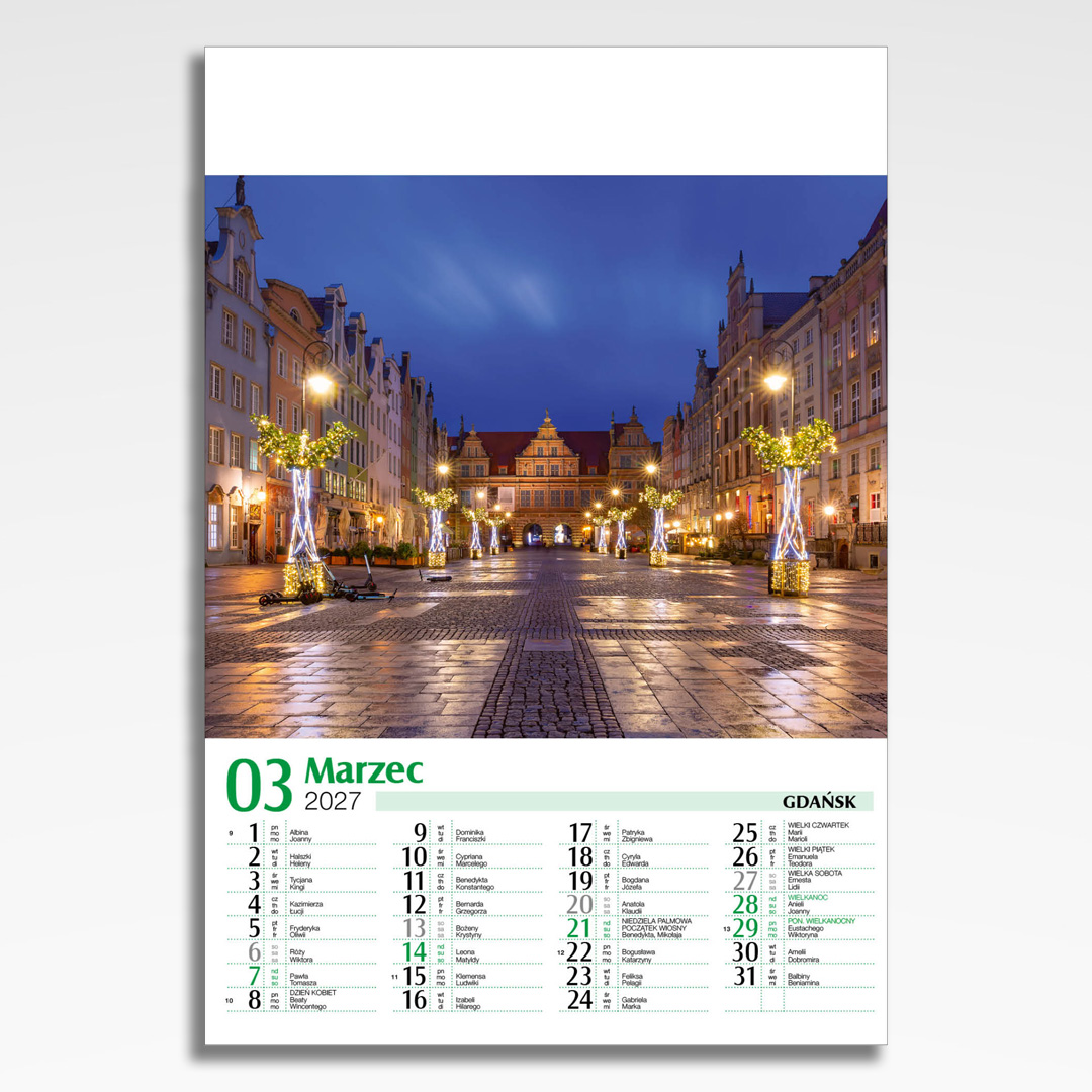 Kalendarz wieloplanszowy Polskie Miasta Nocą (20szt.) - 6 kalendarz wieloplanszowy polskie miasta noca, plansza marzec z grafiką tematyczną