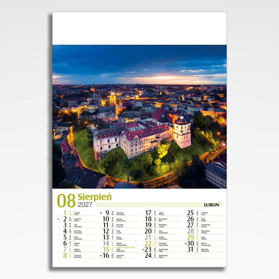 Kalendarz wieloplanszowy Polskie Miasta Nocą (20szt.) - 11 kalendarz wieloplanszowy polskie miasta noca, plansza sierpień z grafiką tematyczną