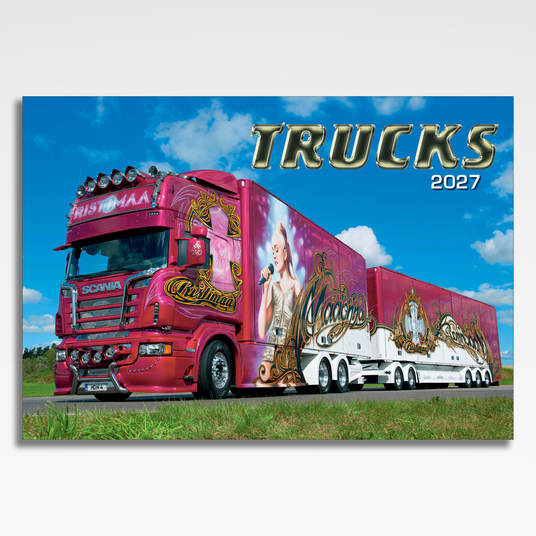 kalendarz wieloplanszowy trucks, okładka kalendarza z grafiką tematyczną i spiralą Wire-O