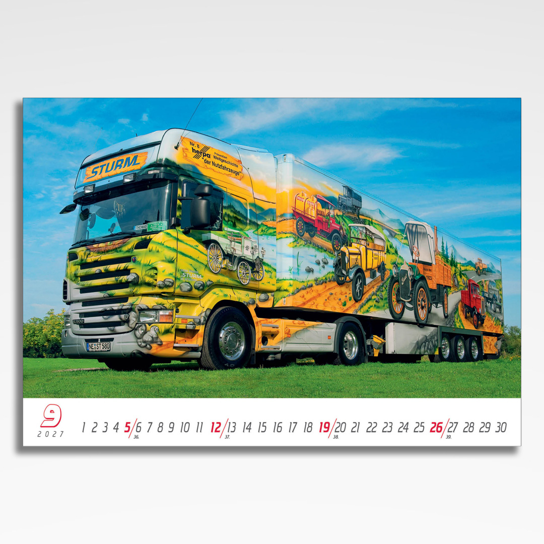Kalendarz wieloplanszowy Trucks (20szt.) - 12 kalendarz wieloplanszowy trucks, plansza wrzesień z grafiką tematyczną