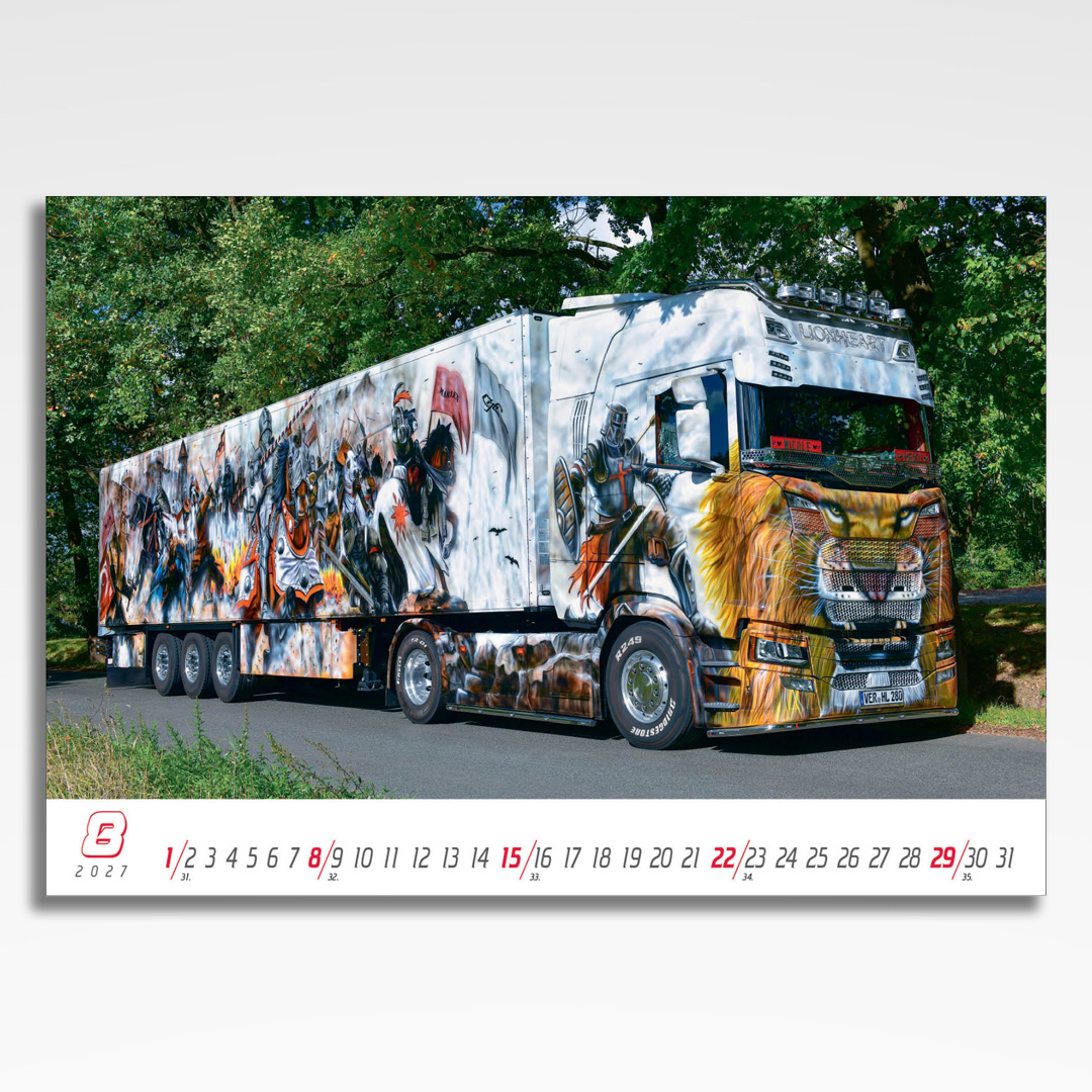 Kalendarz wieloplanszowy Trucks (20szt.) - 11 kalendarz wieloplanszowy trucks, plansza sierpień z grafiką tematyczną