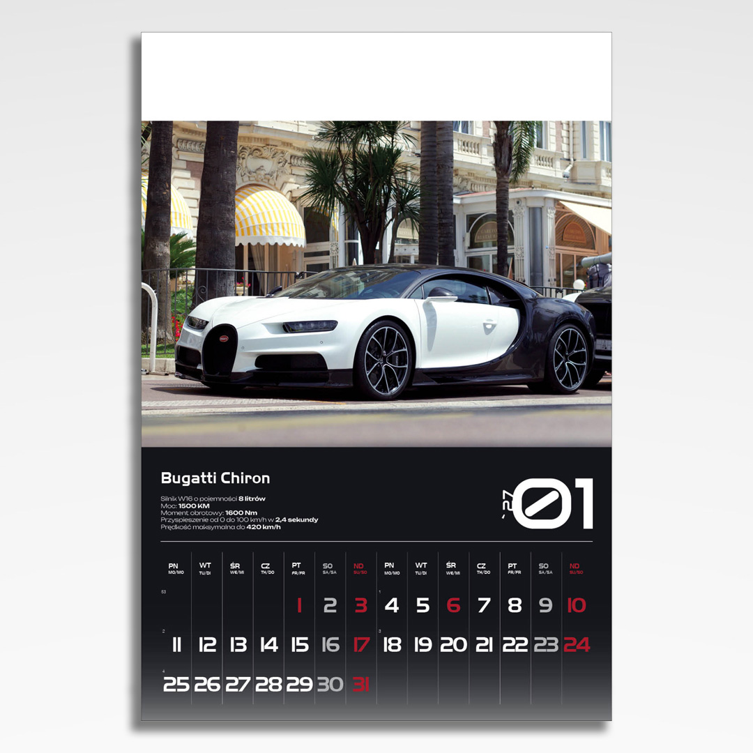 Kalendarz wieloplanszowy Sport Cars (20szt.) - 4 kalendarz wieloplanszowy sports cars, plansza styczeń z grafiką tematyczną