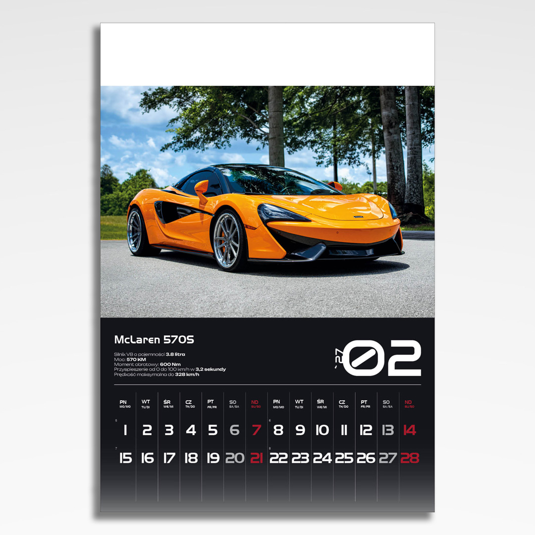 Kalendarz wieloplanszowy Sport Cars (20szt.) - 5 kalendarz wieloplanszowy sports cars, plansza luty z grafiką tematyczną