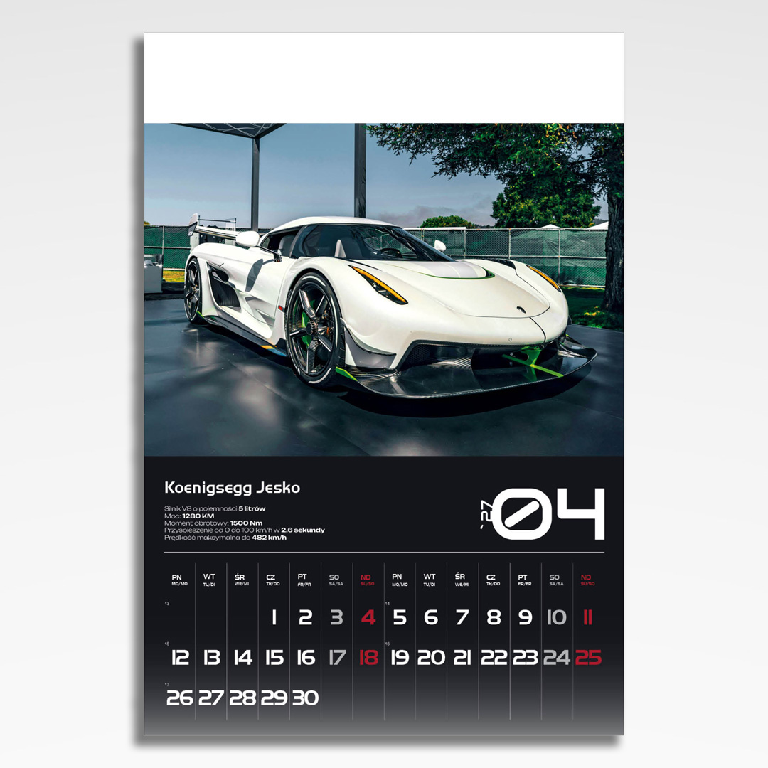 Kalendarz wieloplanszowy Sport Cars (20szt.) - 7 kalendarz wieloplanszowy sports cars, plansza kwiecień z grafiką tematyczną