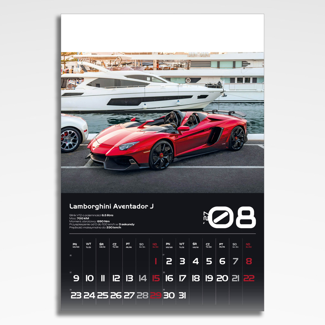 Kalendarz wieloplanszowy Sport Cars (20szt.) - 11 kalendarz wieloplanszowy sports cars, plansza sierpień z grafiką tematyczną