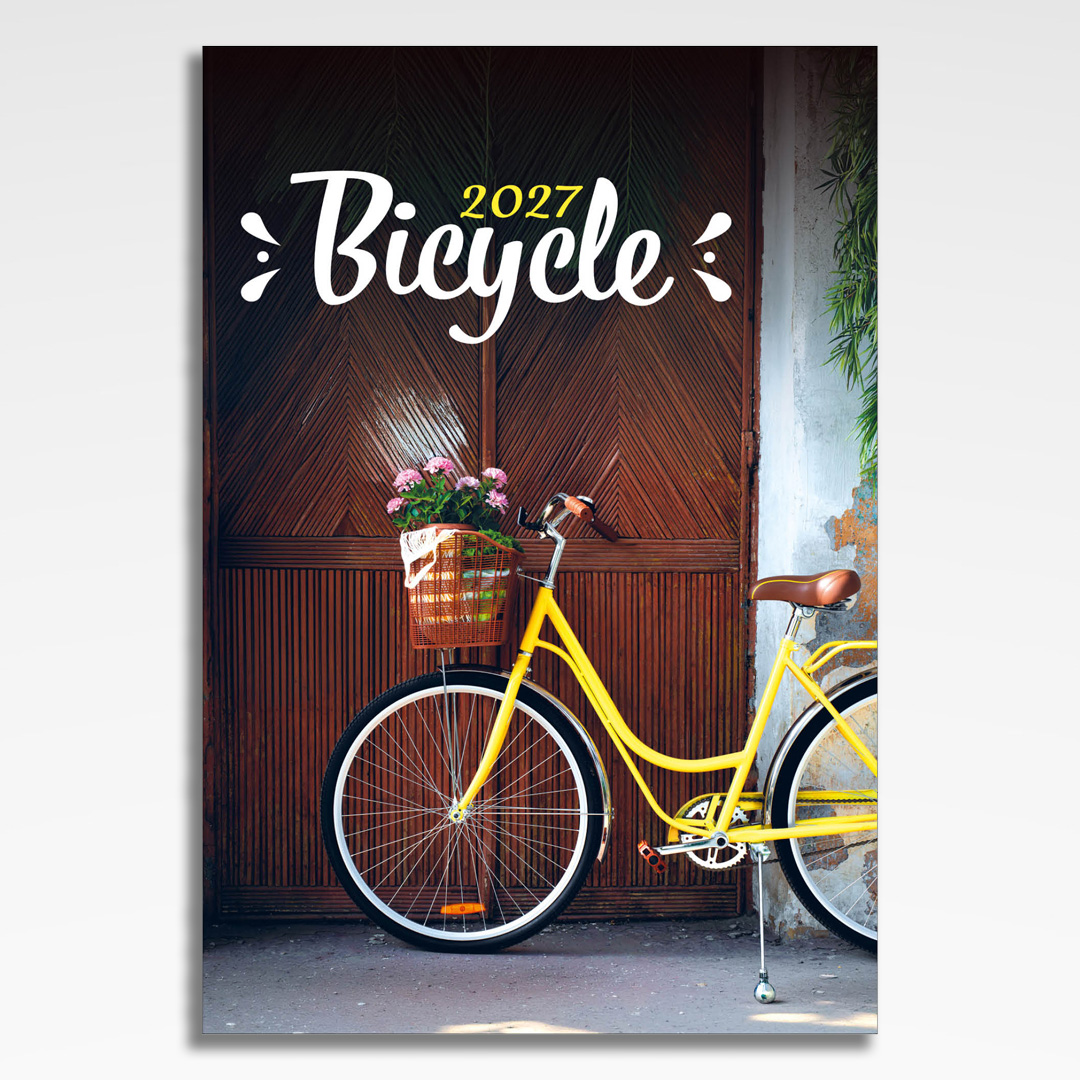 kalendarz wieloplanszowy bicycle, okładka kalendarza z grafiką tematyczną i spiralą Wire-O