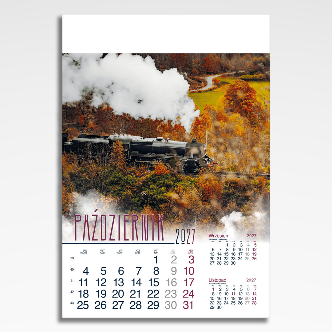 Kalendarz wieloplanszowy Parowozy (20szt.) - 13 kalendarz wieloplanszowy parowozy, plansza październik z grafiką tematyczną